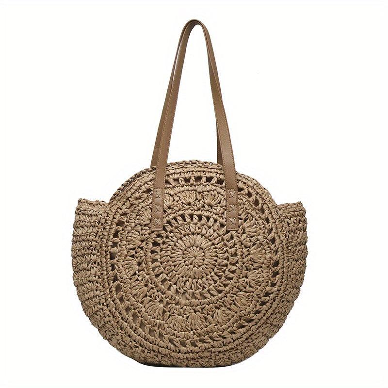 Round Straw Braided Shoulder Bag Women's Large Capacity Beach Bag