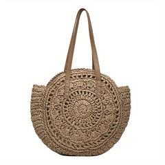 Round Straw Braided Shoulder Bag Women's Large Capacity Beach Bag