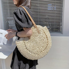 Round Straw Braided Shoulder Bag Women's Large Capacity Beach Bag