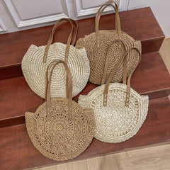 Round Straw Braided Shoulder Bag Women's Large Capacity Beach Bag