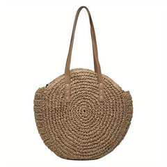 Round Straw Braided Shoulder Bag Women's Large Capacity Beach Bag