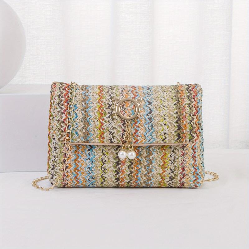 Rainbow Straw Woven Beach Bag Crossbody Purse
