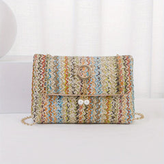 Rainbow Straw Woven Beach Bag Crossbody Purse