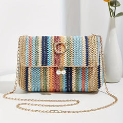 Rainbow Straw Woven Beach Bag Crossbody Purse