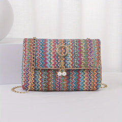 Rainbow Straw Woven Beach Bag Crossbody Purse