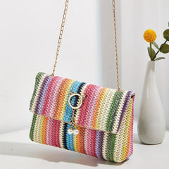 Rainbow Straw Woven Beach Bag Crossbody Purse