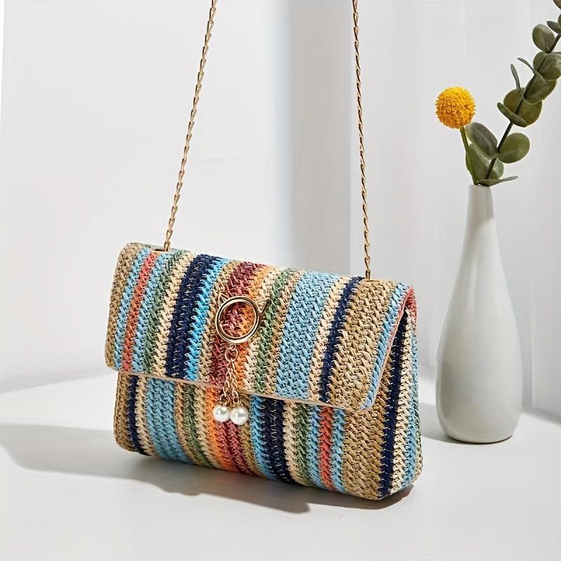 Rainbow Straw Woven Beach Bag Crossbody Purse