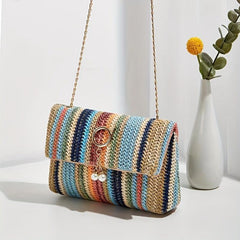 Rainbow Straw Woven Beach Bag Crossbody Purse