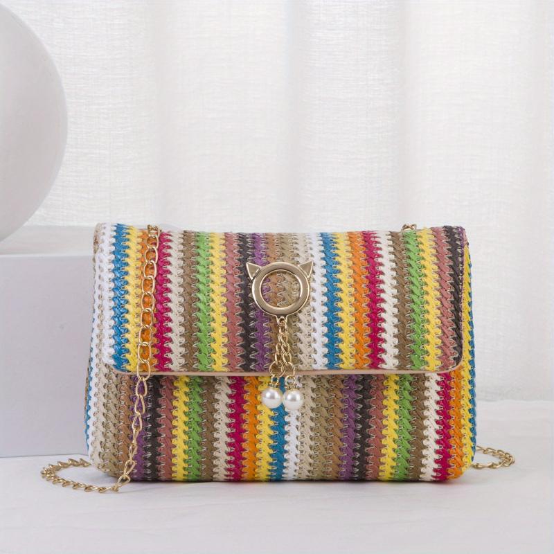 Rainbow Straw Woven Beach Bag Crossbody Purse