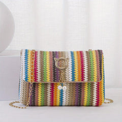 Rainbow Straw Woven Beach Bag Crossbody Purse