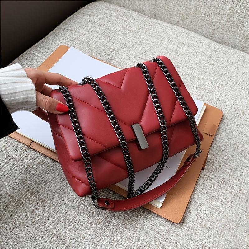 Chevron Flap Square Bag Chain Shoulder Purse Crossbody Bag With Turn Lock