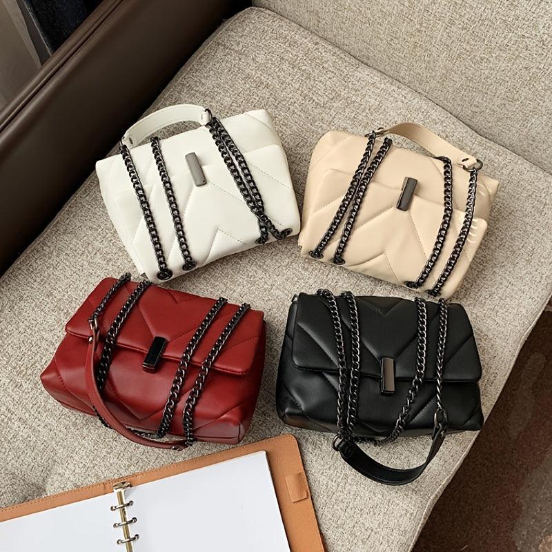 Chevron Flap Square Bag Chain Shoulder Purse Crossbody Bag With Turn Lock