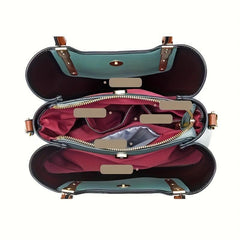 Two Tone PU Leather Shoulder Bag Large Capacity Portable Tote Handbag