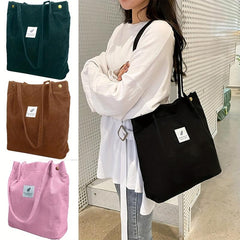 Corduroy Patch Letter Shoulder Bag Large Capacity Stylish Shopping Bag