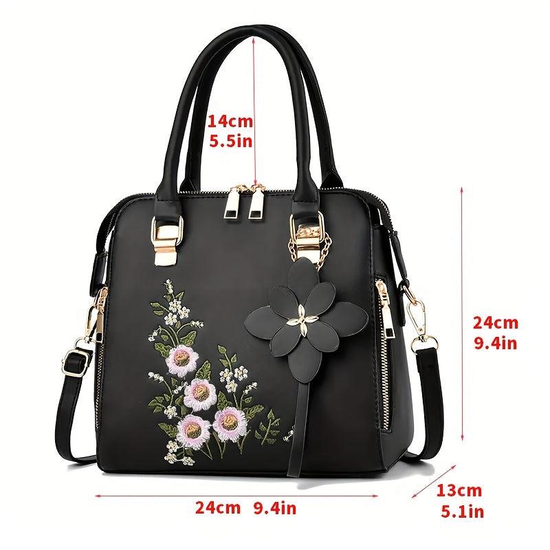 Floral Detail Shoulder Bag Zipper Handbag For Work Casual Crossbody Bag