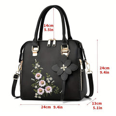Floral Detail Shoulder Bag Zipper Handbag For Work Casual Crossbody Bag