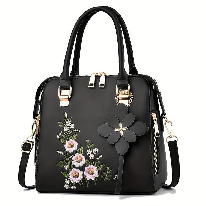 Floral Detail Shoulder Bag Zipper Handbag For Work Casual Crossbody Bag