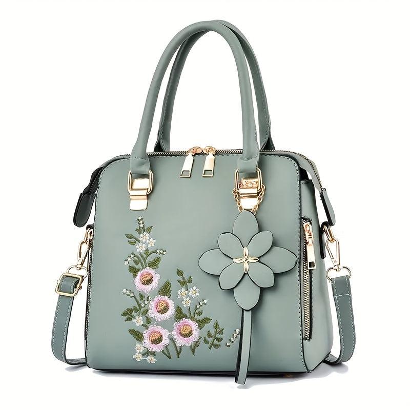 Floral Detail Shoulder Bag Zipper Handbag For Work Casual Crossbody Bag