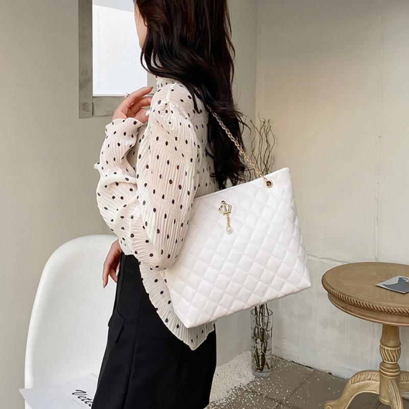 Argyle Quilted Chain Tote Bag Metal Crown Shoulder Purse