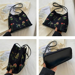 Vintage Floral Embroidery Shoulder Bag Daily Bucket Handbag for Women