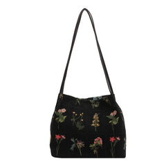 Vintage Floral Embroidery Shoulder Bag Daily Bucket Handbag for Women