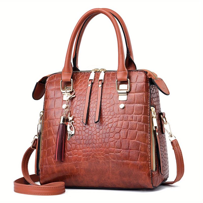 Crocodile Embossed Handbags Tassel Decor Crossbody Bag Top Handle Satchel Purse