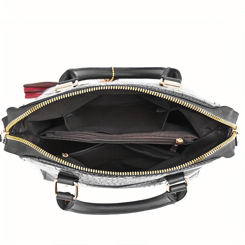Crocodile Embossed Handbags Tassel Decor Crossbody Bag Top Handle Satchel Purse