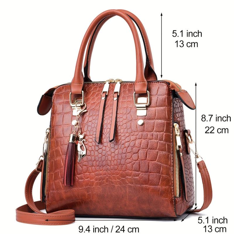 Crocodile Embossed Handbags Tassel Decor Crossbody Bag Top Handle Satchel Purse