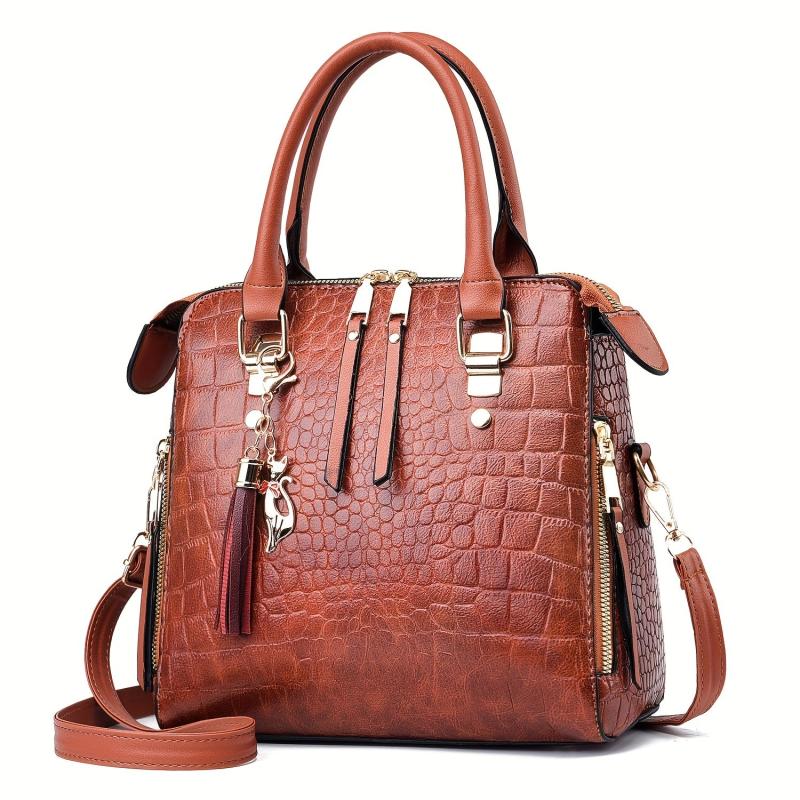 Crocodile Embossed Handbags Tassel Decor Crossbody Bag Top Handle Satchel Purse