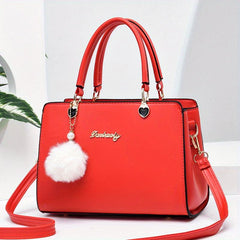 Women's Classic Tote Satchel Shoulder Bag with Pom Pom
