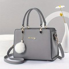 Women's Classic Tote Satchel Shoulder Bag with Pom Pom