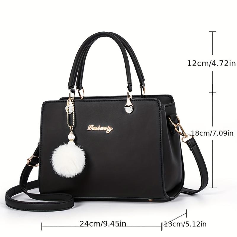 Women's Classic Tote Satchel Shoulder Bag with Pom Pom