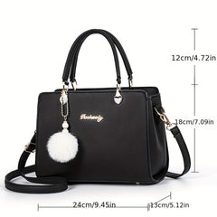 Women's Classic Tote Satchel Shoulder Bag with Pom Pom