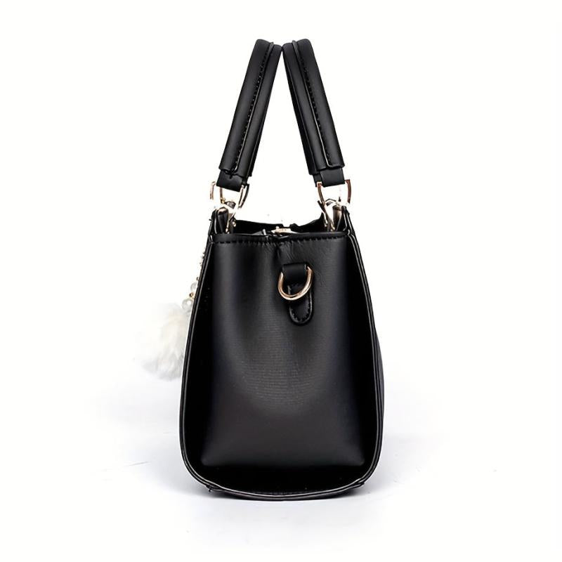 Women's Classic Tote Satchel Shoulder Bag with Pom Pom