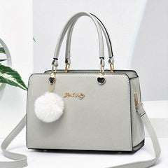 Women's Classic Tote Satchel Shoulder Bag with Pom Pom