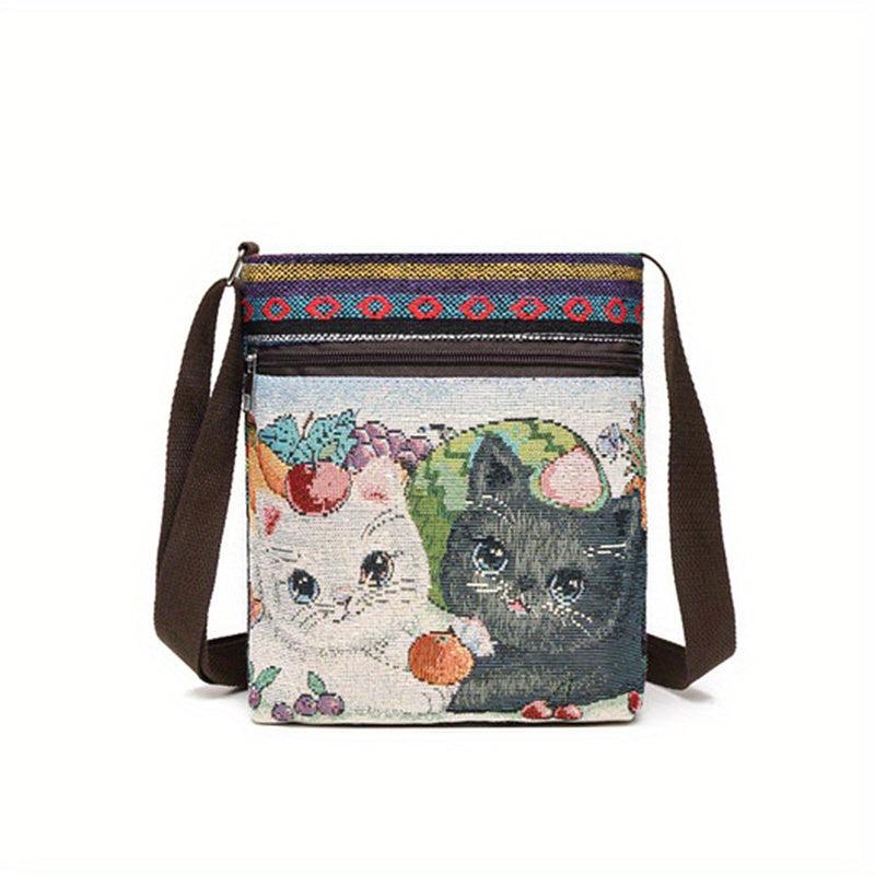 Ethnic Canvas Crossbody Bag Animal Embroidery Square Purse Phone Bag