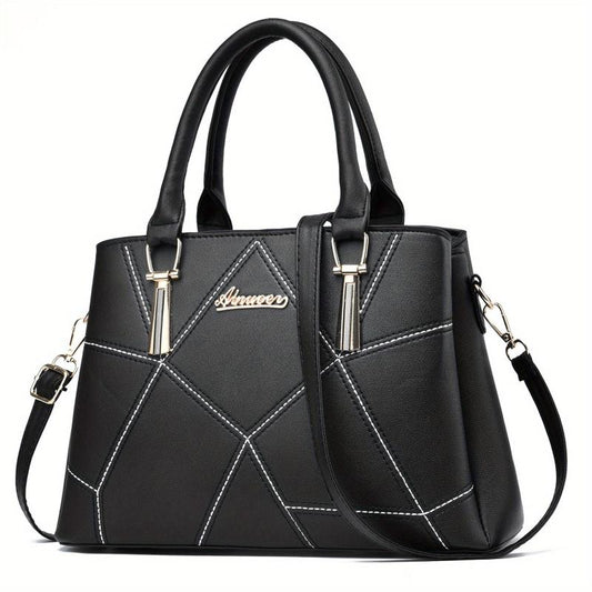 Geometric Stitch Handbag Scarf & Pom Pom Ball Decor Shoulder Bag