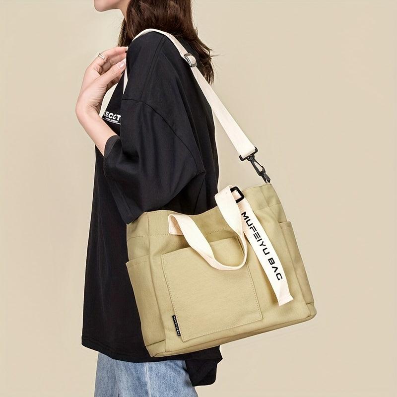 Durable Canvas Handbag Zipper Large Capacity Shoulder Bag Letter Print