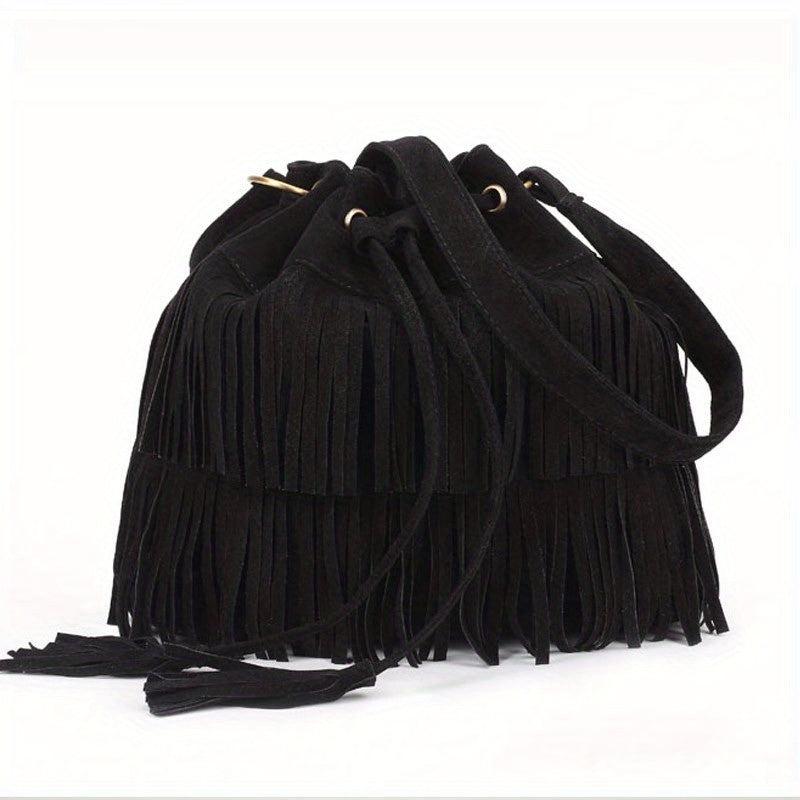 Tassel Decor Soft Crossbody Bag Drawstring Bucket Bag