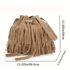 Tassel Decor Soft Crossbody Bag Drawstring Bucket Bag