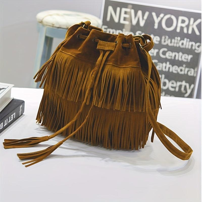 Tassel Decor Soft Crossbody Bag Drawstring Bucket Bag