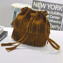 Tassel Decor Soft Crossbody Bag Drawstring Bucket Bag