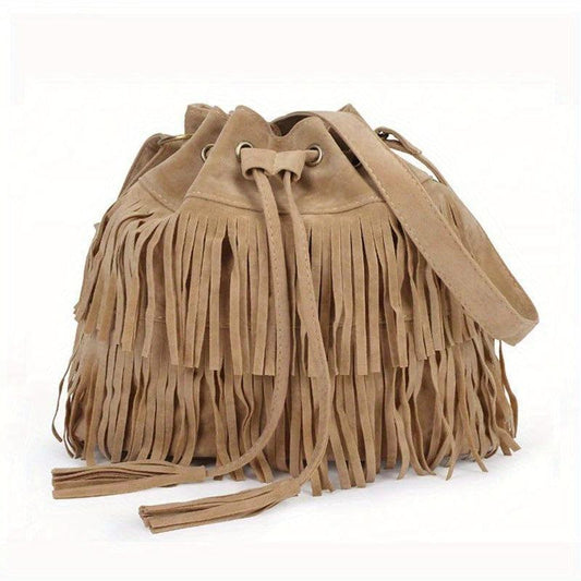Tassel Decor Soft Crossbody Bag Drawstring Bucket Bag