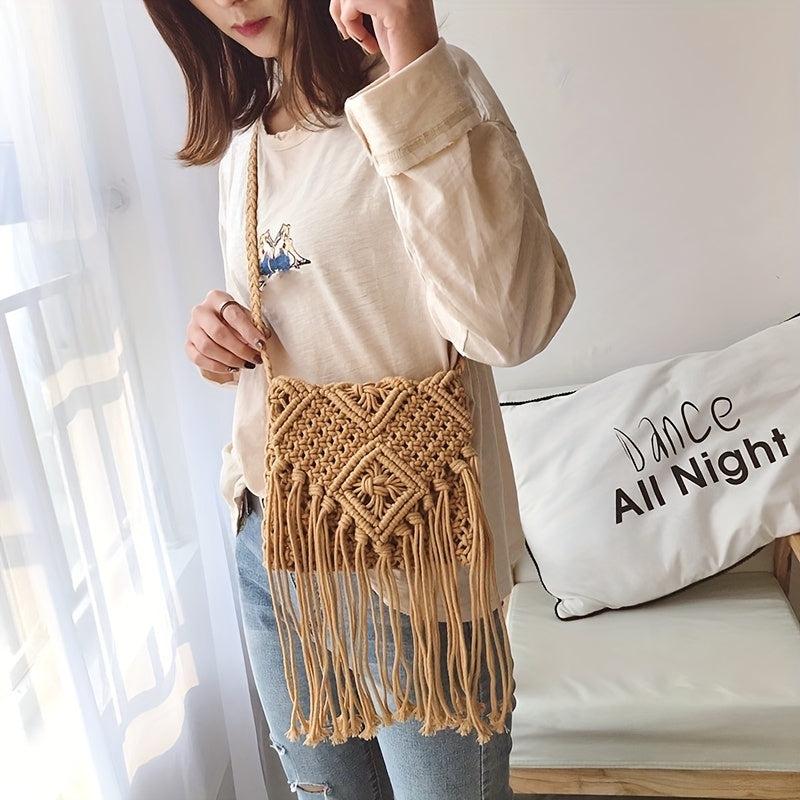 Boho Fringed Crochet Crossbody Bag for Summer Beach Travel