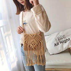 Boho Fringed Crochet Crossbody Bag for Summer Beach Travel