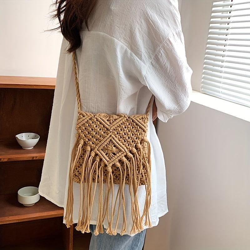 Boho Fringed Crochet Crossbody Bag for Summer Beach Travel