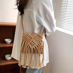 Boho Fringed Crochet Crossbody Bag for Summer Beach Travel