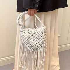 Boho Fringed Crochet Crossbody Bag for Summer Beach Travel