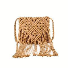 Boho Fringed Crochet Crossbody Bag for Summer Beach Travel