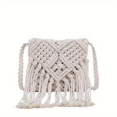 Boho Fringed Crochet Crossbody Bag for Summer Beach Travel